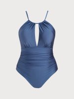 Blue Halter Ruched Plus Size One-Piece Swimsuit - Image 6