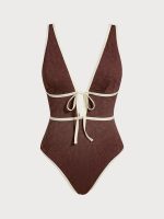 Dark Coffee V Neck Tie One-Piece Swimsuit - Image 5