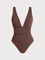 Dark Coffee Lurex V-Neck One-Piece Swimsuit - Image 5
