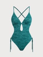 Dark Green Jacquard X Cross One-Piece Swimsuit - Image 6