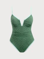 Dark Green Jacquard V Notch Plus Size One-Piece Swimsuit - Image 4