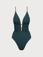 Dark Green Textured Plunge One-Piece Swimsuit - Image 10
