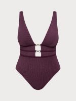 Purple Textured V Neck Plus Size One-Piece Swimsuit - Image 6