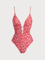 Red Floral Plunge One-Piece Swimsuit - Image 5