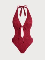 Wine Red Tie-Front Cutout One-Piece Swimsuit - Image 6