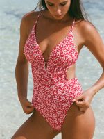 Red Floral Plunge One-Piece Swimsuit - Image 4