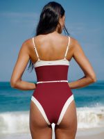 Wine Red Contrast Gleam One-Piece Swimsuit - Image 2