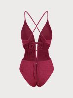 Red Textured Plunge One-Piece Swimsuit - Image 7