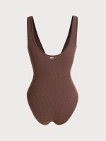 Dark Coffee Lurex V-Neck One-Piece Swimsuit - Image 6