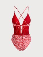 Red Floral Plunge One-Piece Swimsuit - Image 6