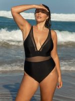 Black Sheer V-Neck Plus Size One-Piece Swimsuit - Image 3