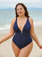 Blue V Neck Plus Size One-Piece Swimsuit - Image 3