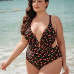 Cherry Drawstring Plus Size One-Piece Swimsuit