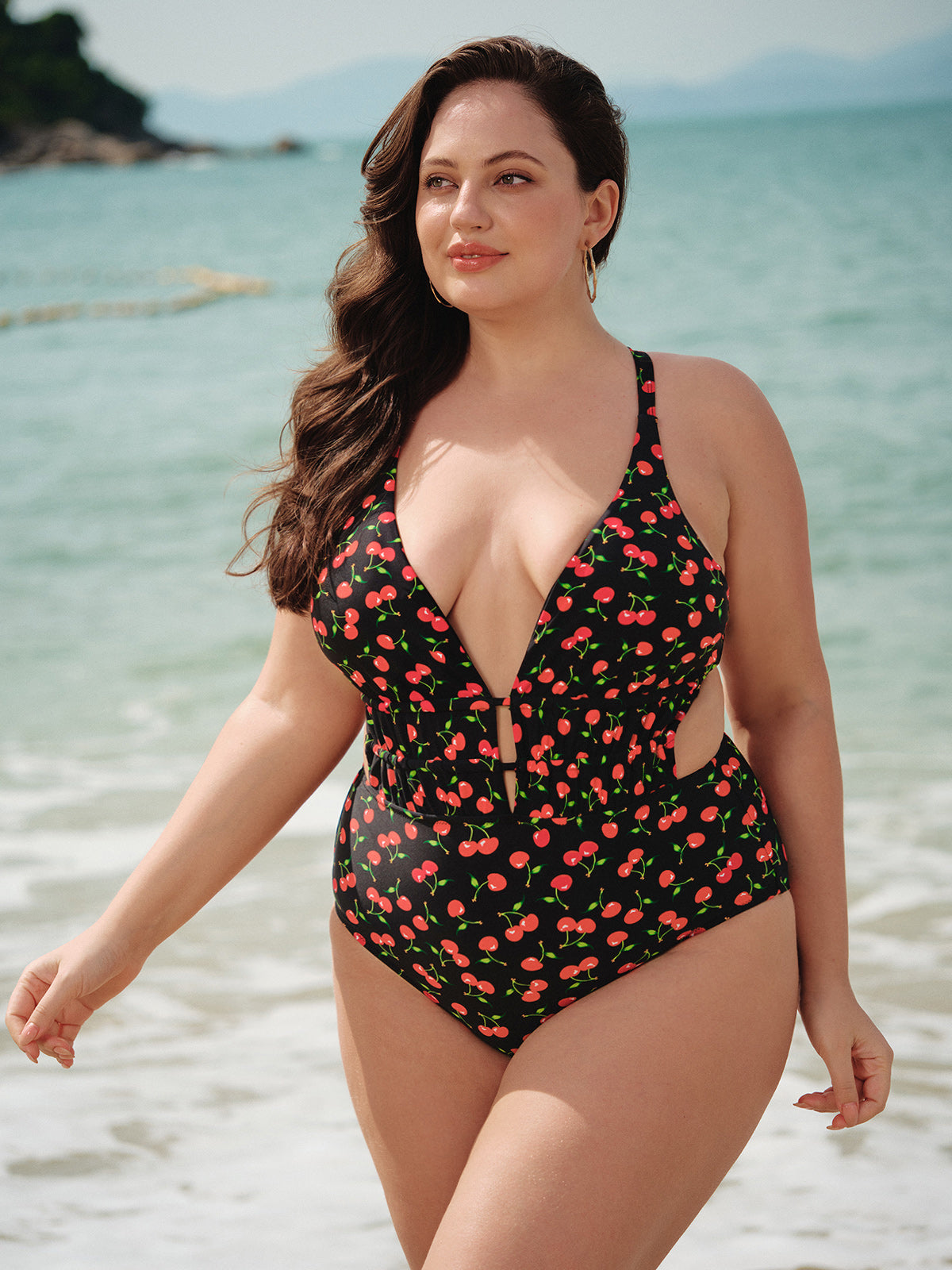 women-knitted-nylon-one-pieces-swimwear-sustainable-plus_size_one-pieces-dlbubs Cherry Drawstring Plus Size One-Piece Swimsuit - Image 1