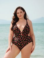 Cherry Drawstring Plus Size One-Piece Swimsuit - Image 3