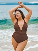Dark Coffee Drawstring Plus Size One-Piece Swimsuit - Image 5