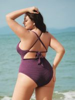 Purple Textured V Neck Plus Size One-Piece Swimsuit - Image 2