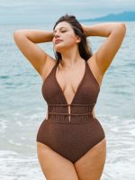 Dark Coffee Drawstring Plus Size One-Piece Swimsuit - Image 4