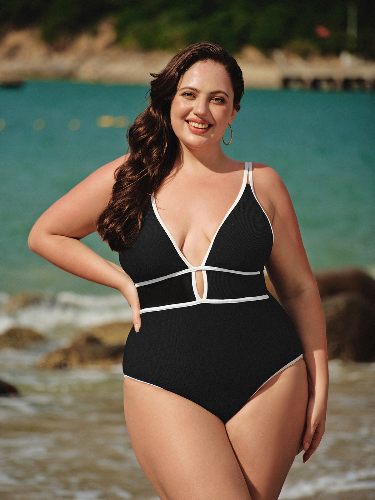 women-knitted-nylon-one-pieces-swimwear-sustainable-plus_size_one-pieces-kpafv4 Black Contrast V Neck Plus Size One-Piece Swimsuit - Image 1