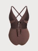 Dark Coffee Drawstring Plus Size One-Piece Swimsuit - Image 7