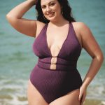 Purple Textured V Neck Plus Size One-Piece Swimsuit