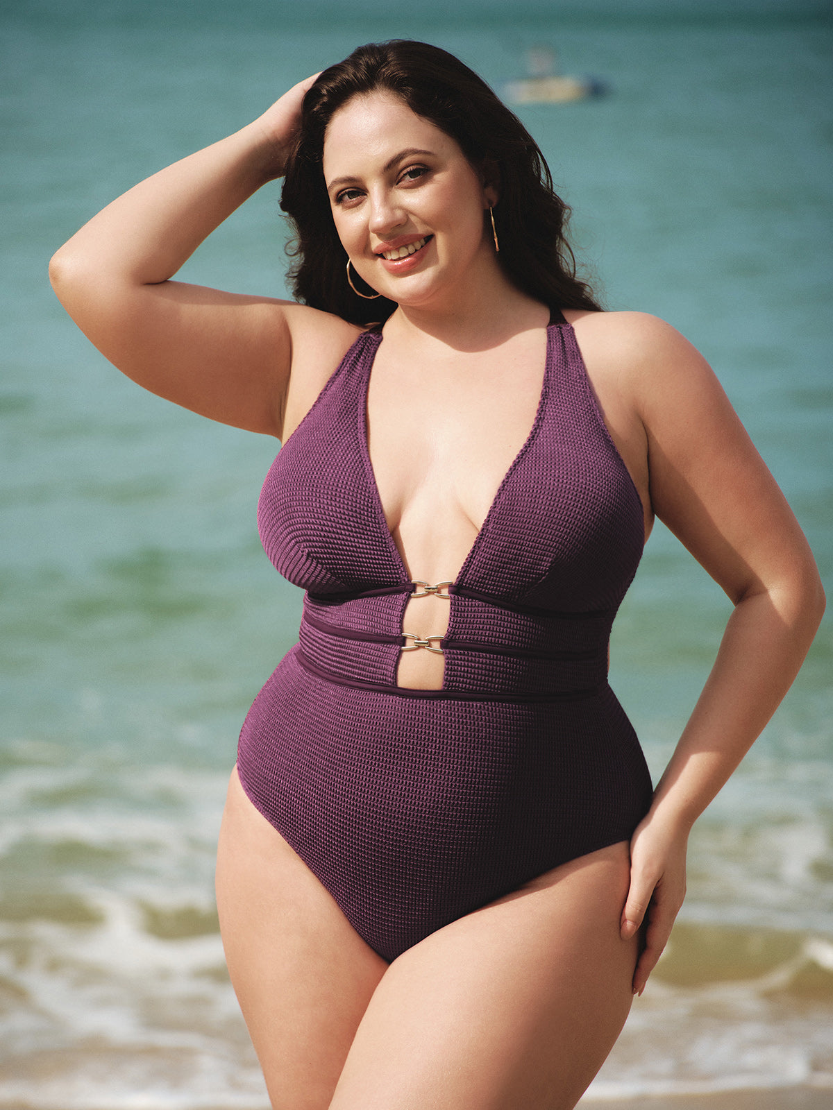 women-knitted-nylon-one-pieces-swimwear-sustainable-plus_size_one-pieces-wwf1rc Purple Textured V Neck Plus Size One-Piece Swimsuit - Image 1