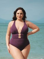 Purple Textured V Neck Plus Size One-Piece Swimsuit - Image 4