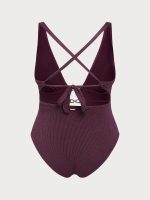 Purple Textured V Neck Plus Size One-Piece Swimsuit - Image 7