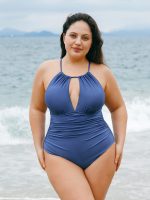 Blue Halter Ruched Plus Size One-Piece Swimsuit - Image 3