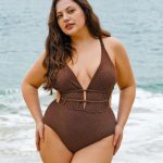Dark Coffee Drawstring Plus Size One-Piece Swimsuit