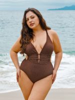 Dark Coffee Drawstring Plus Size One-Piece Swimsuit