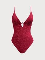 Wine Red Textured Cutout One Piece Swimwear - Image 7