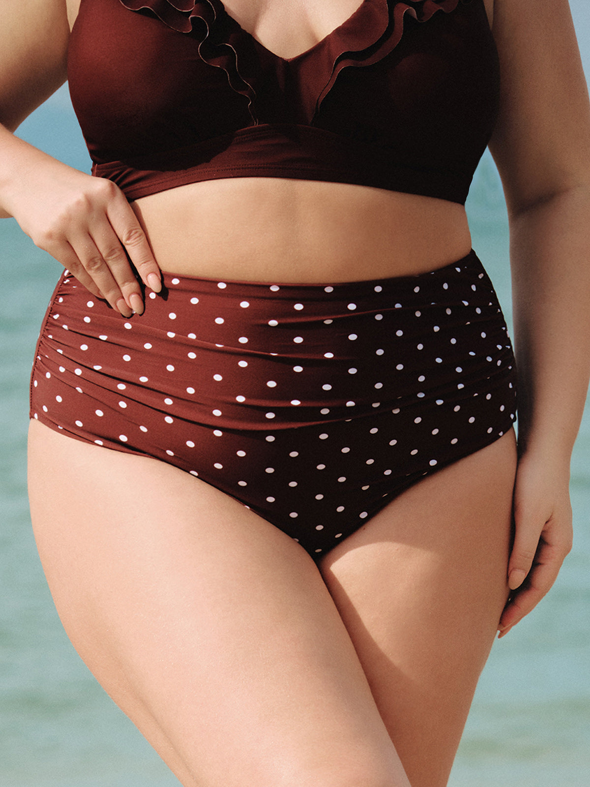 women-knitted-nylon-prined-bikini-bottoms-sustainable-plus_size_bikinis-uugw15 Brown Polka Dot Plus Size Bikini Bottom - Image 1
