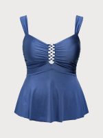 Blue Ruched Cutout Plus Size Tankini Top - Image 6