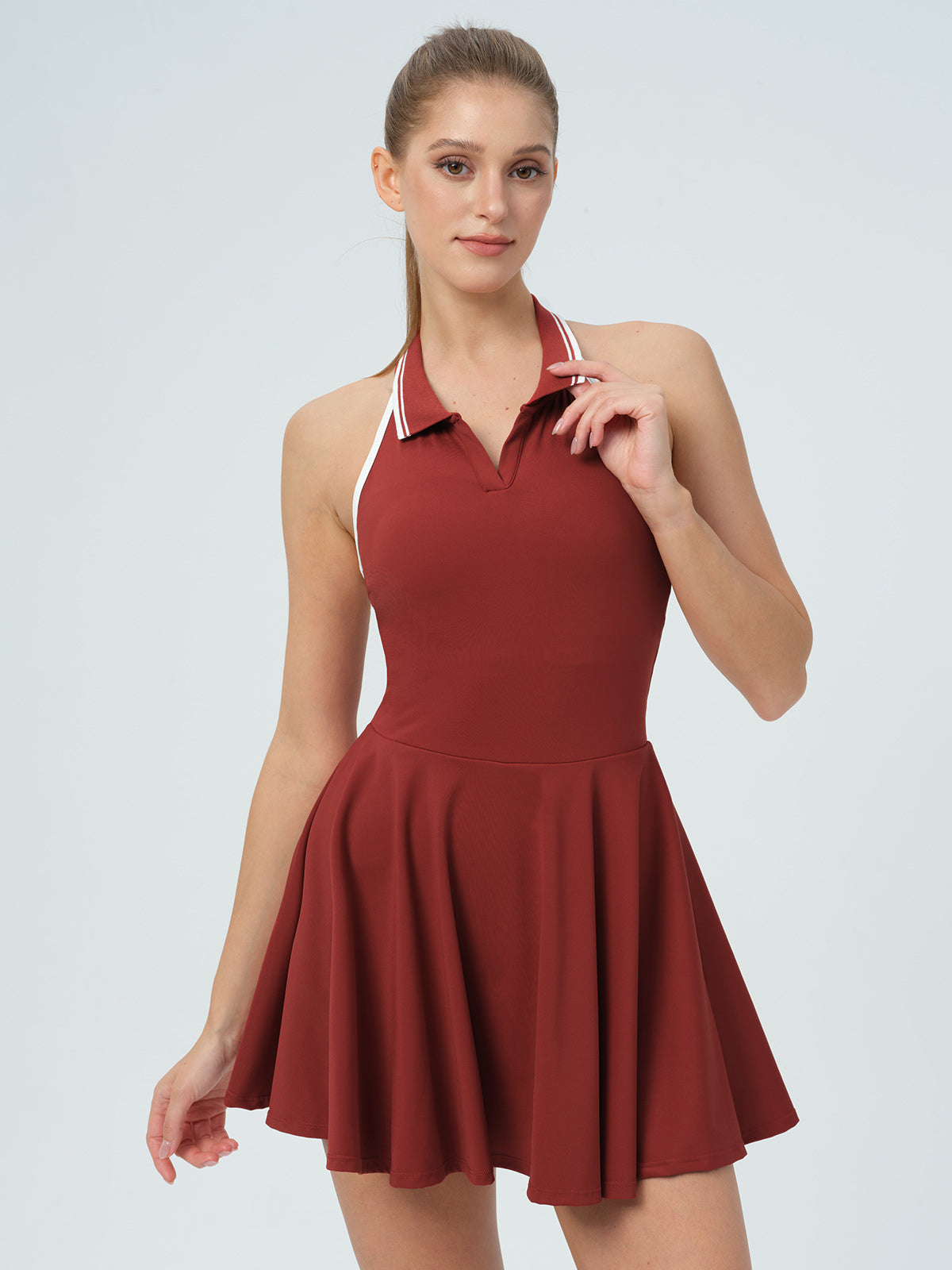 women-knitted-nylon-yoga-dresses-sustainable-yoga_dresses_yoga_jumpsuit-ffyjxg Dark Red Collar Backless Tennis Dress - Light Support - Image 1