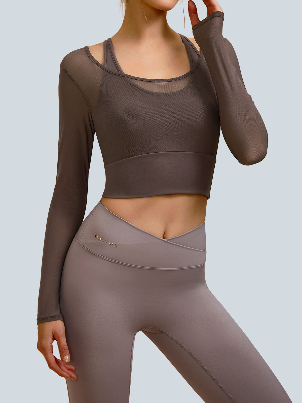 women-knitted-nylon-yoga-long-sleeve-tops-sustainable-yoga_tops-ekxkk1 Coffee U Neck Long Sleeve Top - Light Support - Image 1
