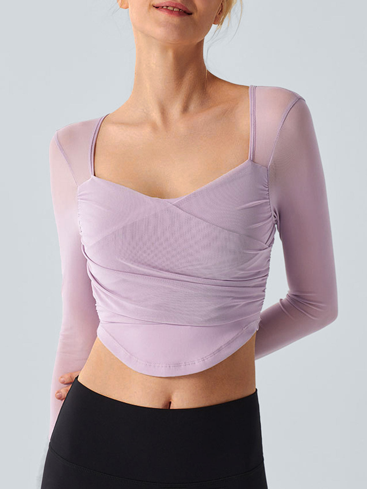 women-knitted-nylon-yoga-long-sleeve-tops-sustainable-yoga_tops-jannhx Light Purple Backless Long Sleeve Top - Light Support - Image 1