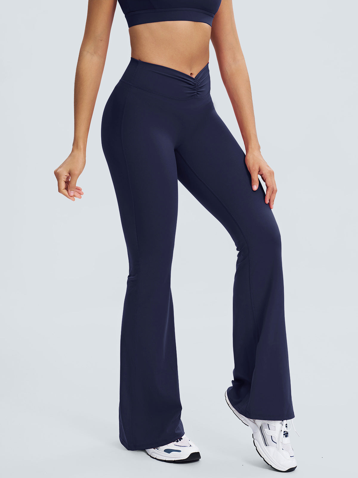 women-knitted-nylon-yoga-pants-navy-sustainable-yoga_bottoms-o3j7ae Navy Ruched High-Waisted Yoga 31" Pants - Image 1