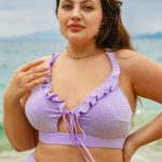 Purple Ruffled Drawstring Plus Size Bikini Top