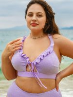 Purple Ruffled Drawstring Plus Size Bikini Top