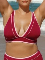 Red Contrast V-Neck Plus Size Bikini Top
