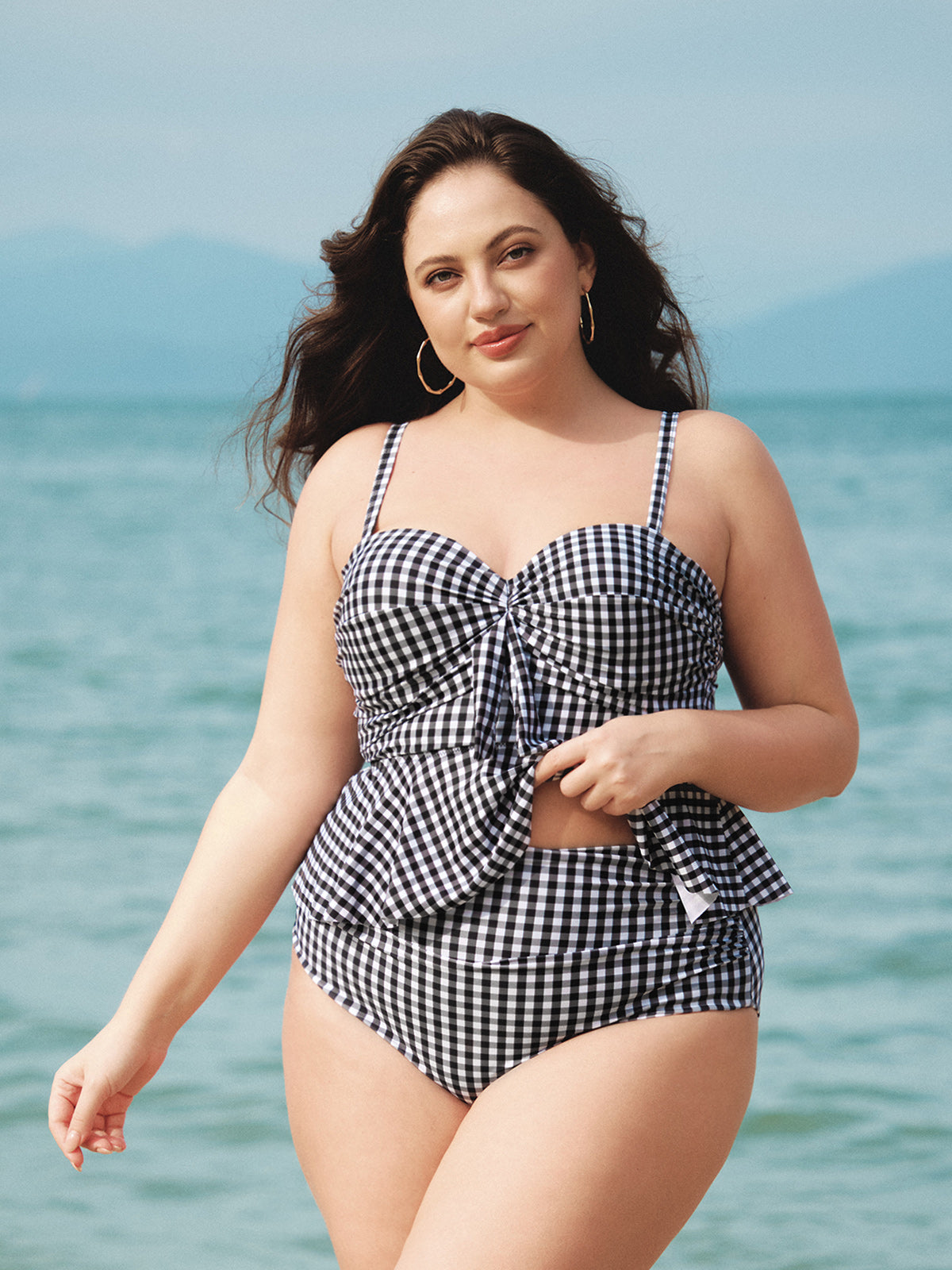 women-knitted-polyester-bikini-tops-sustainable-plus_size_tankinis-sjopem Black Gingham Plus Size Tankini Top - Image 1