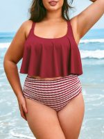 Wine Red Stripe Plus Size Bikini Bottom - Image 3