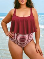 Wine Red Stripe Plus Size Bikini Bottom - Image 4