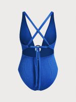 Blue V-Neck Ring Plus Size One-Piece Swimsuit - Image 7