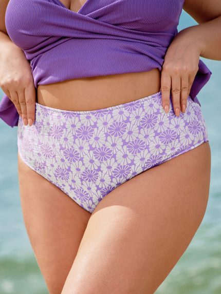 Purple Floral Print Plus Size Bikini Bottom