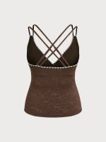 Dark Coffee Lace Ruched V-Neck Plus Size Tankini Top - Image 7