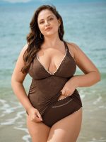 Dark Coffee Lace Ruched V-Neck Plus Size Tankini Top - Image 3