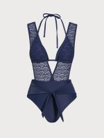 Navy Lace Plunge Tie-Waist One-Piece Swimsuit - Image 6