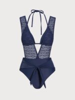Navy Lace Plunge Tie-Waist One-Piece Swimsuit - Image 6
